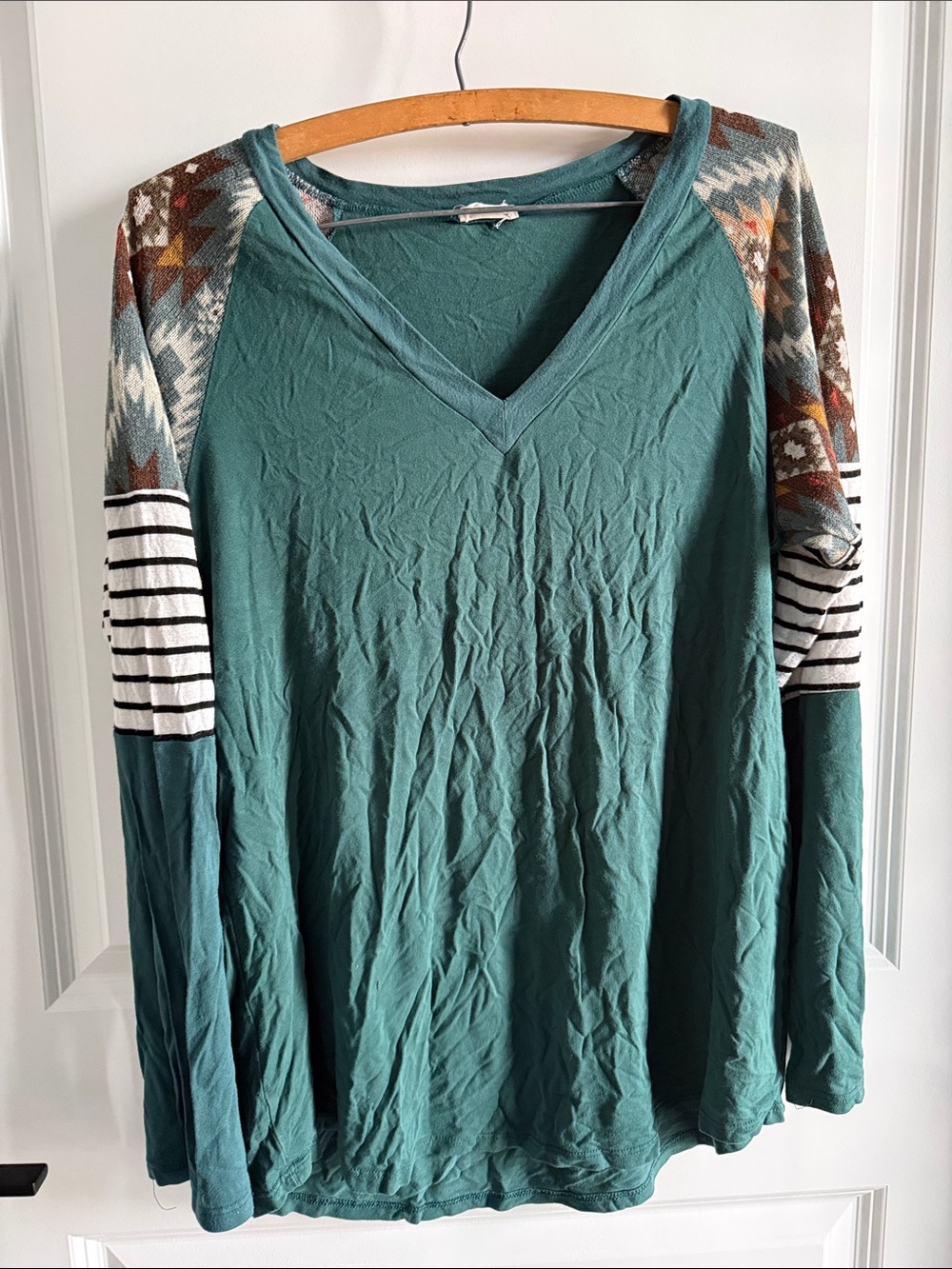 Boho V-Neck Long Sleeve Top in Teal with Patterned Raglan Sleeves